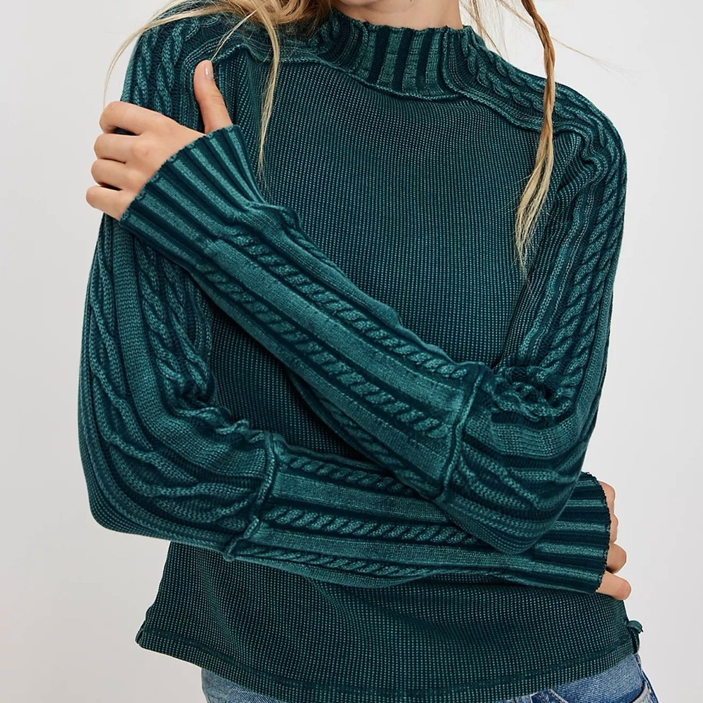 Free People Teal Cable Knit Sweatshirt